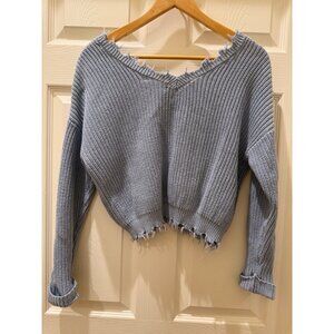 Distressed V-Neck Light Blue Sweater Long Sleeve Oversized Knit Moon & Madison